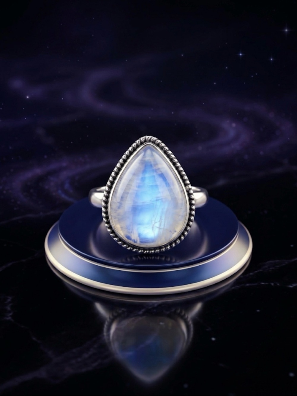 Rainbow Moonstone Teardrop Statement Ring – Sterling Silver Overlay Boho Style - Picture 2 of 4